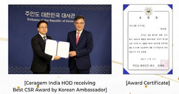 Ceragem India HOD receiving Best CSR Award by Korean Ambassador